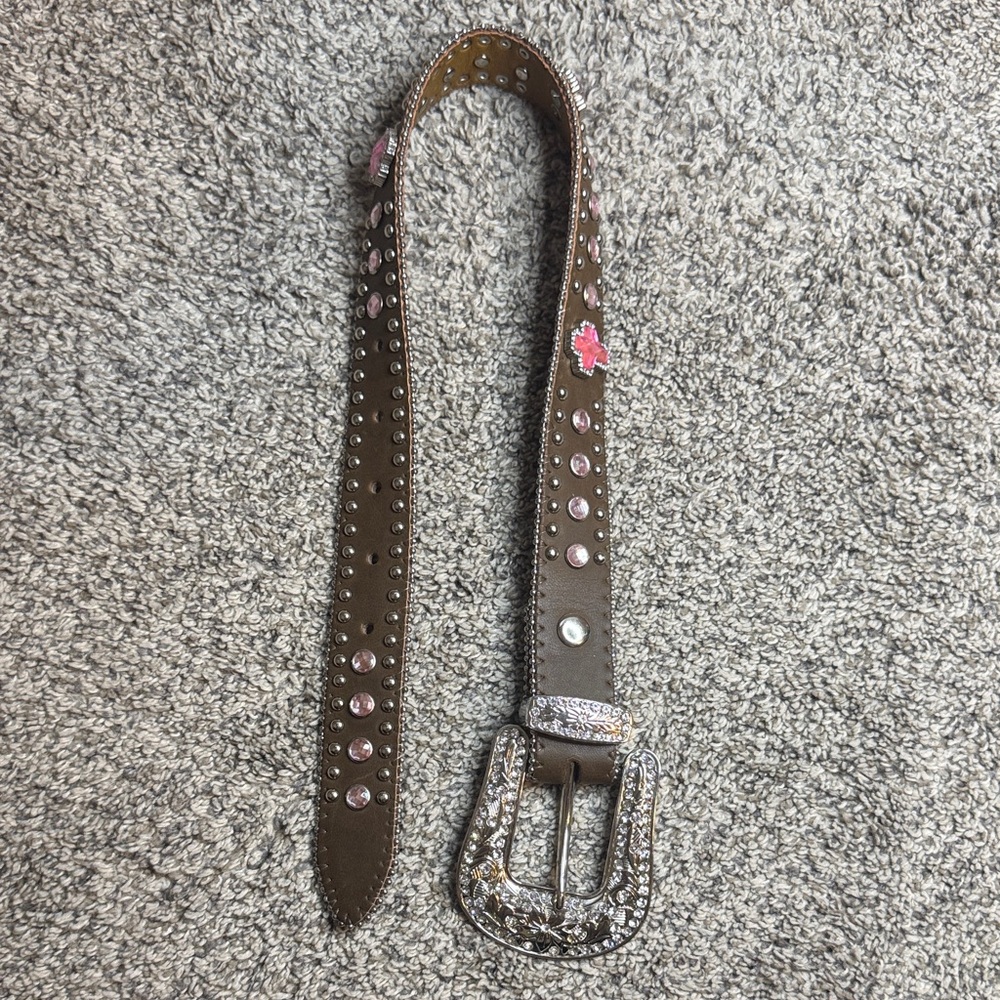 Toddler Girl Studded Brown Leather Belt with Silver Buckle